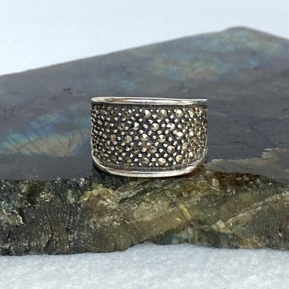 Sterling Silver 925 Marcasite 14MM Wide Band Statement Ring Size 7.5 - Picture 4 of 16
